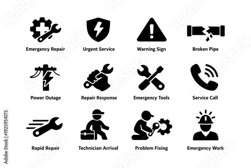 Emergency repair icons set: tools, technician, warning, service, pipe, power outage