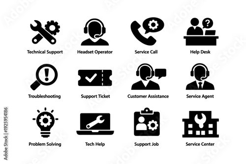 Tech support icons: tools, headset, call, help, service