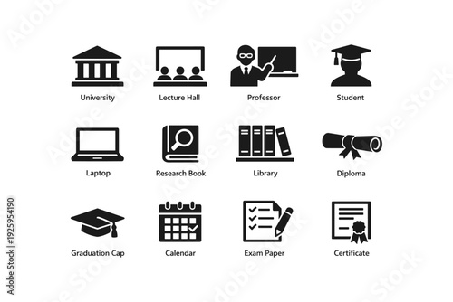Educational icons set featuring lecture hall, professor, and graduation symbols