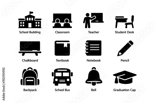 School icons: building, classroom, teacher, desk, chalkboard, textbook