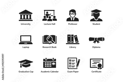 University education icons: professor, student, library, diploma, laptop, graduation cap