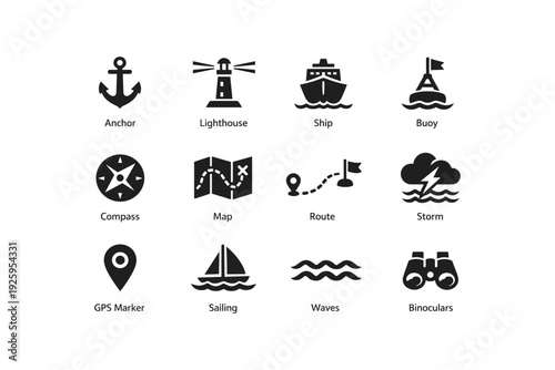 Nautical icon set: anchor, lighthouse, ship, buoy, compass, map, route, storm, gps, sailing, waves, binoculars
