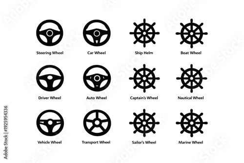 Variety of steering and nautical wheels with distinct designs for different transportation modes