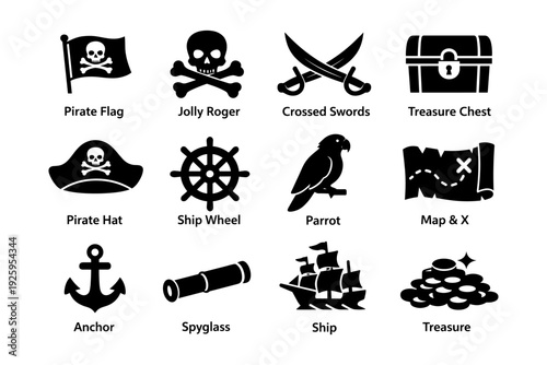 Pirate icons: flag, jolly roger, swords, treasure chest, hat, ship wheel, parrot, map, anchor, spyglass, ship, coins