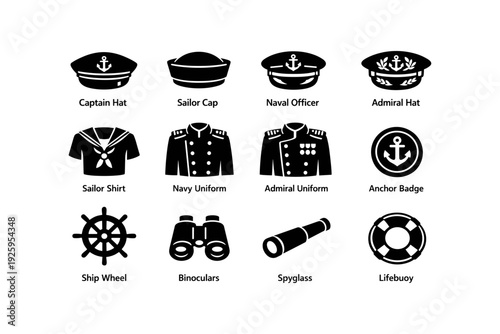 Nautical items: hats, uniforms, and accessories in black icons