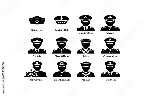 Nautical rank icons: sailor, captain, admiral, commodore, helmsman