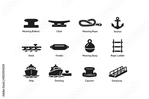 Nautical icons: mooring, anchors, docking, ships, and accessories