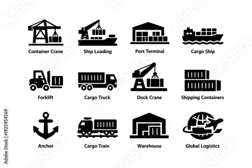 Logistics icons: container crane, cargo ship, forklift, warehouse, global transport