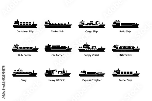 Silhouettes of various ships: container, tanker, cargo, roro, bulk, car carrier, supply, lng, ferry