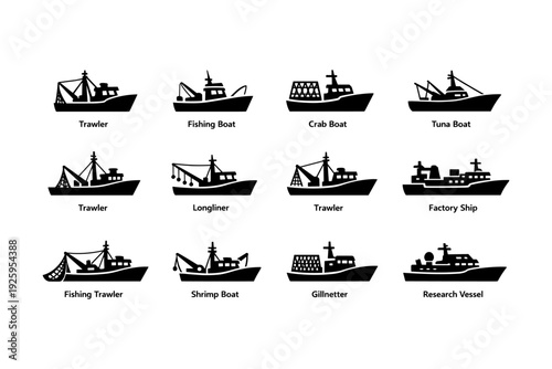 Silhouette illustrations of various types of fishing and research boats