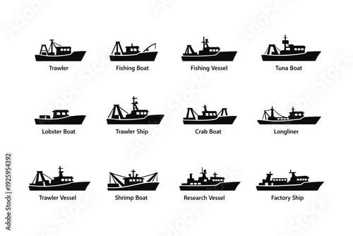 Silhouettes of various fishing boats and vessels including trawler, tuna, and crab boats