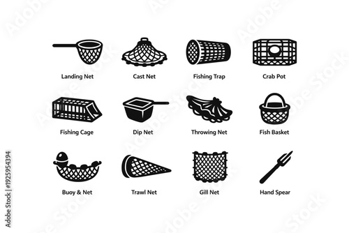 Fishing gear icons: nets, traps, and spears collection