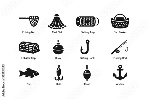 Fishing equipment icons: nets, traps, hooks, rods, baits
