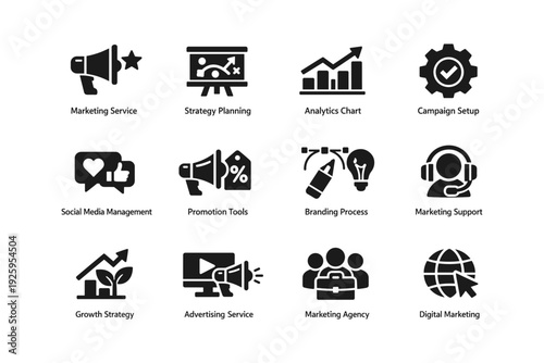 Marketing and strategy icons: promotion, analytics, branding, advertising services
