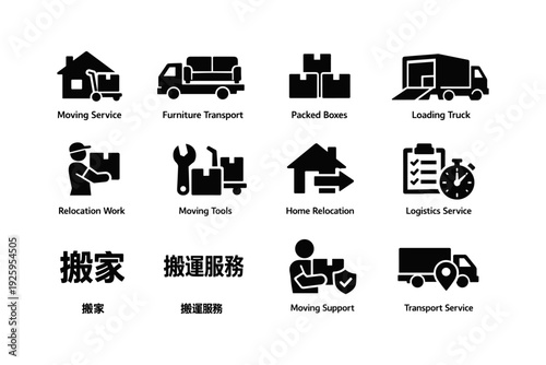Moving and logistics service icons with asian text for relocation and transport