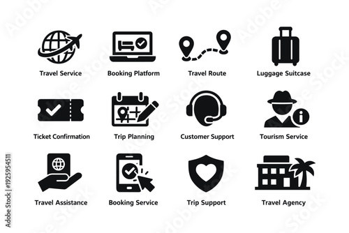 Travel and booking icons: services, support, luggage, route symbols