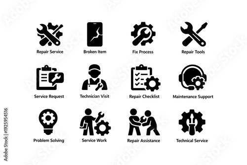 Repair and maintenance icons set for service and support