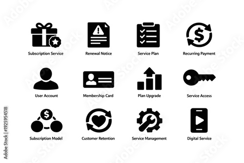 Subscription service icons: payments, management, access, retention