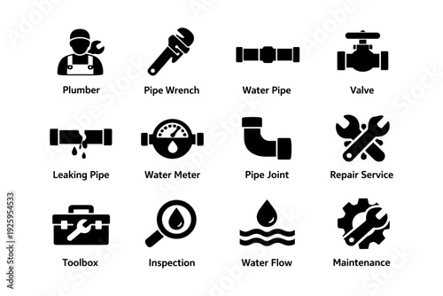 Plumbing tools and services icons: pipe wrench, valve, repair service, maintenance