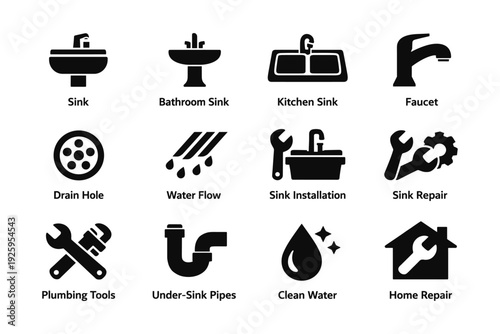 Sink and plumbing icons: bathroom, kitchen, repair, and tools symbols