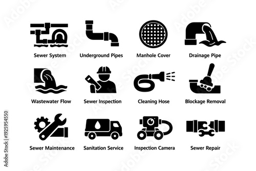 Sewer system icons: pipes, inspection, maintenance, repair, services