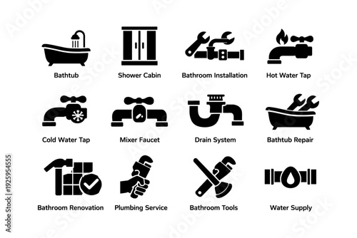 Bathroom icons set featuring bathtub, shower cabin, faucet, and plumbing tools