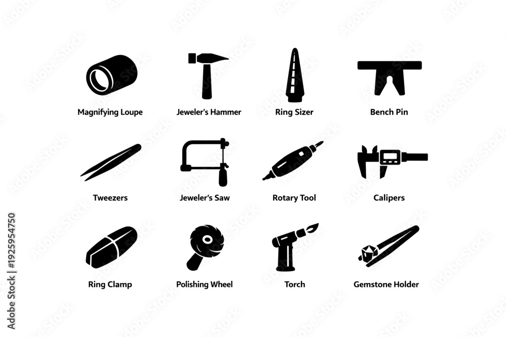 Fototapeta premium Jewelry making tools: loupe, hammer, sizer, pin, tweezers, saw, rotary, calipers, clamp, wheel, torch, holder