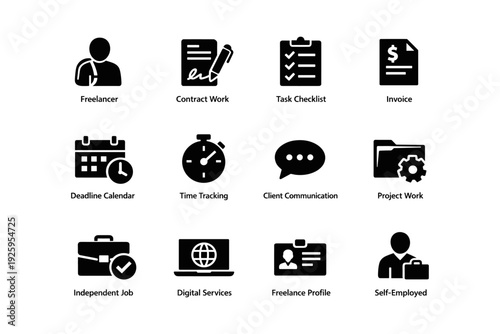 Freelance work icons: contract, checklist, invoice, time tracking, communication