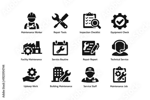 Icons representing maintenance and repair services in various industries