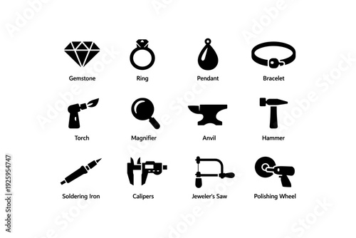 Jewelry making tools and symbols icon set: gemstone, ring, tools, and accessories