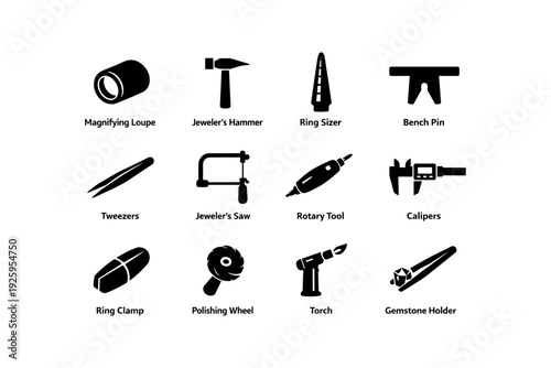 Jewelry making tools: loupe, hammer, sizer, pin, tweezers, saw, rotary, calipers, clamp, wheel, torch, holder