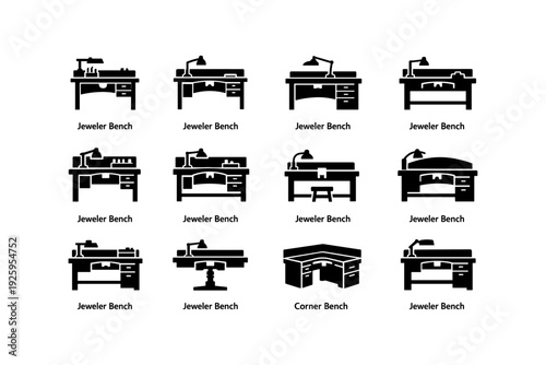 Variety of jeweler benches designs with tools and lamps