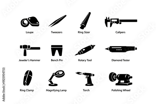 Jewelry tools set: loupe, tweezers, ring sizer, calipers, hammer, bench pin, rotary tool, diamond tester, clamp, lamp, torch, polishing wheel