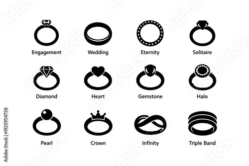 Icon set of 12 stylish ring designs including diamond, heart, and halo