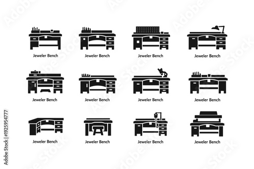 Set of black silhouette jeweler benches with tools and lamp