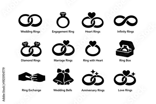 Wedding and engagement ring icons set: heart, infinity, diamond, and celebration symbols