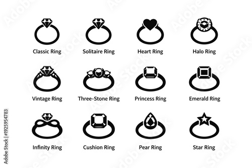 Various styles of engagement rings featuring classic, solitaire, heart, halo, and more designs
