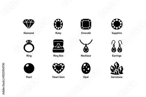 Elegant jewelry icons: diamond, ruby, emerald, sapphire, ring, necklace, earrings, gemstones