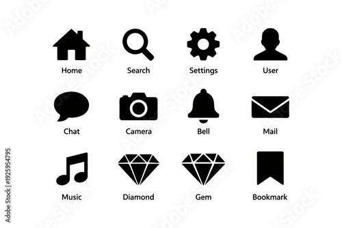 Set of black silhouette user interface icons for home, search, settings, and communication