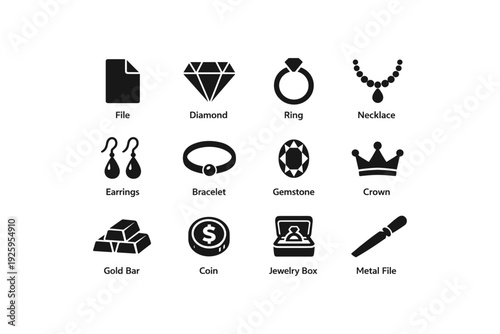 Black icons of jewelry and valuables: diamond, ring, necklace, crown, coin