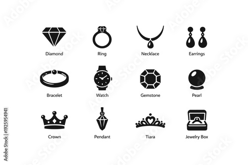 Collection of iconic jewelry silhouettes: necklace, earrings, watch, and more
