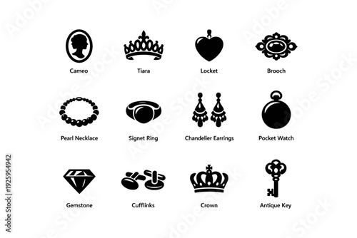 Elegant jewelry icon set: tiara, locket, chandelier earrings and more