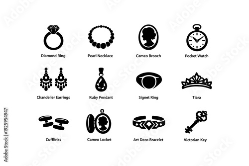 Elegant jewelry icons: ring, necklace, brooch, watch, earrings, pendant, tiara, cufflinks, locket, bracelet, key