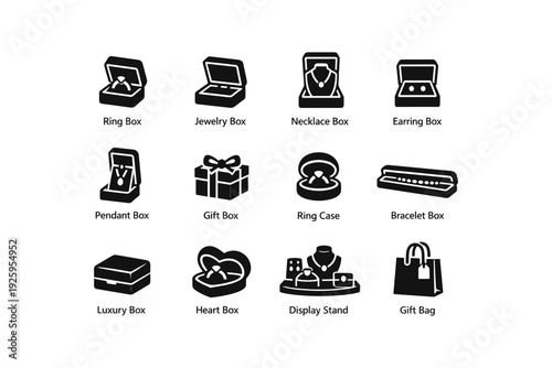 Elegant jewelry storage icons: rings, necklaces, earrings, bracelets, gifts