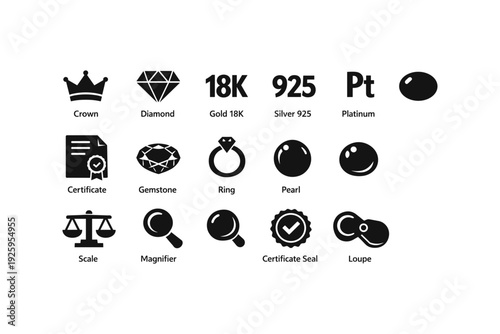 Jewelry icon set featuring crown, diamond, gold, silver, pearl, and certification symbols