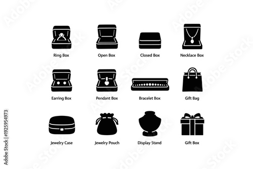 Variety of jewelry containers: ring, necklace, bracelet, gift bag, and display stand icons