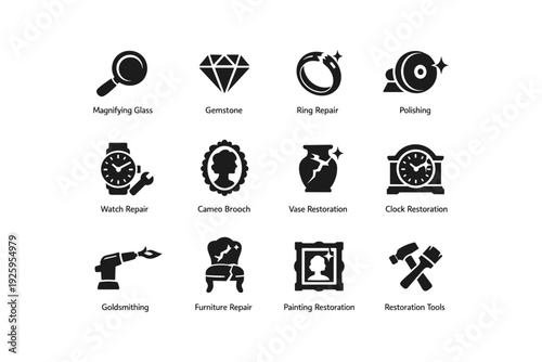 Vintage restoration icons: tools for repair and preservation tasks