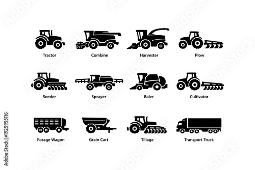 Agricultural machinery silhouettes: tractor, harvester, plow, and more