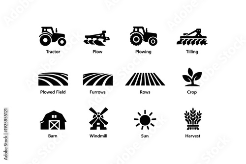 Farming equipment and agriculture icons: tractor, plow, barn, windmill, harvest