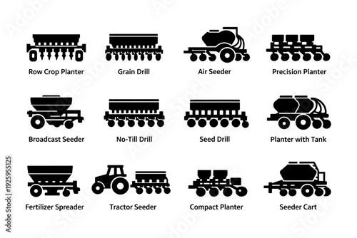 Various agricultural equipment silhouettes: planter, seeder, drill, spreader, tractor